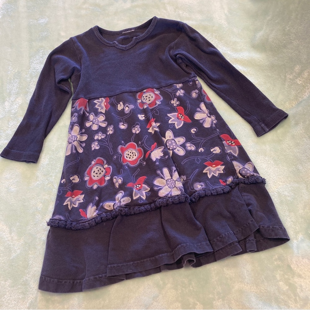 Navy Blue Keedo Dress Waffle Weave and White & Red Flowers Girls Size 4